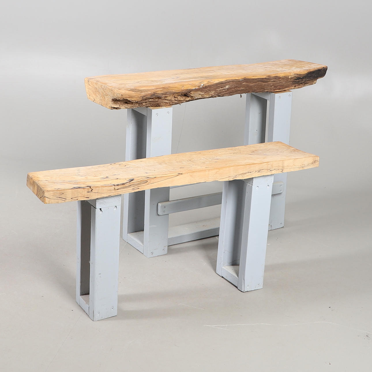 TWO RUSTIC HARDWOOD TOPPED BENCH SEATS.