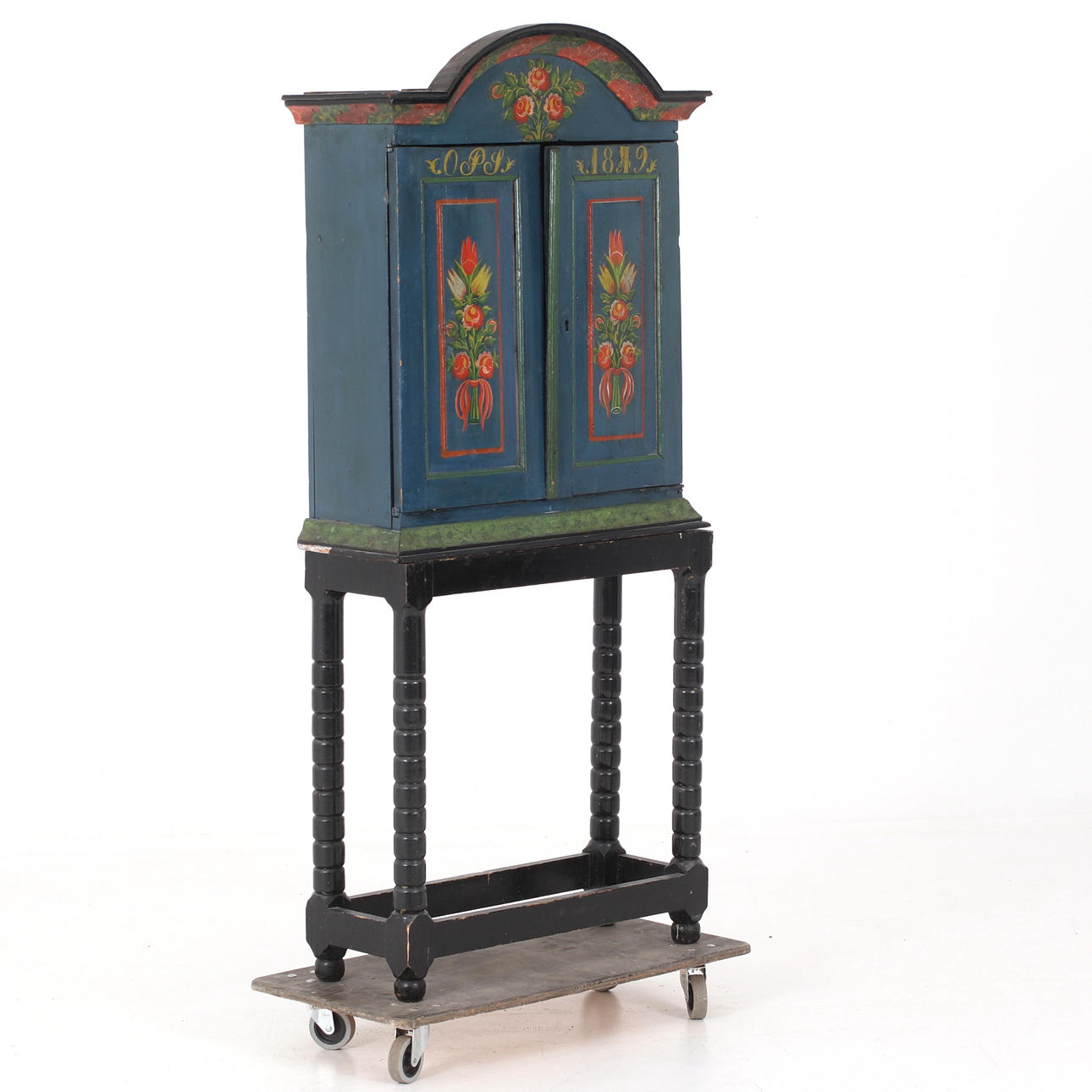 A cabinet on a leg stand, allmoge, Skåne, dated 1849.