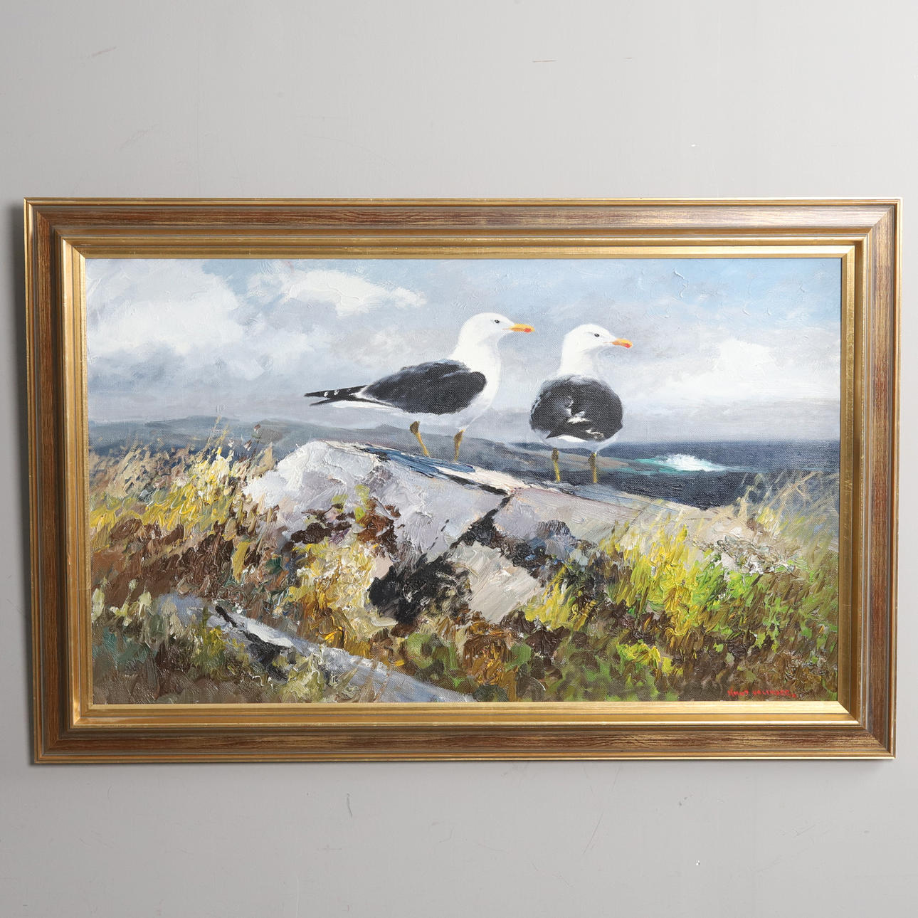 KNUT VALLINDER. Oil on canvas, “Seagulls”, signed.