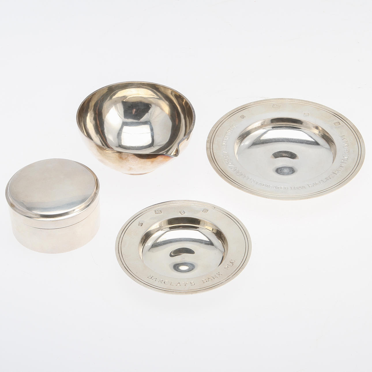 FAT, GRÄDDSNIPA SAMT BURK MED LOCK, 4 delar, silver. England & Sverige. Vikt 420 gram.