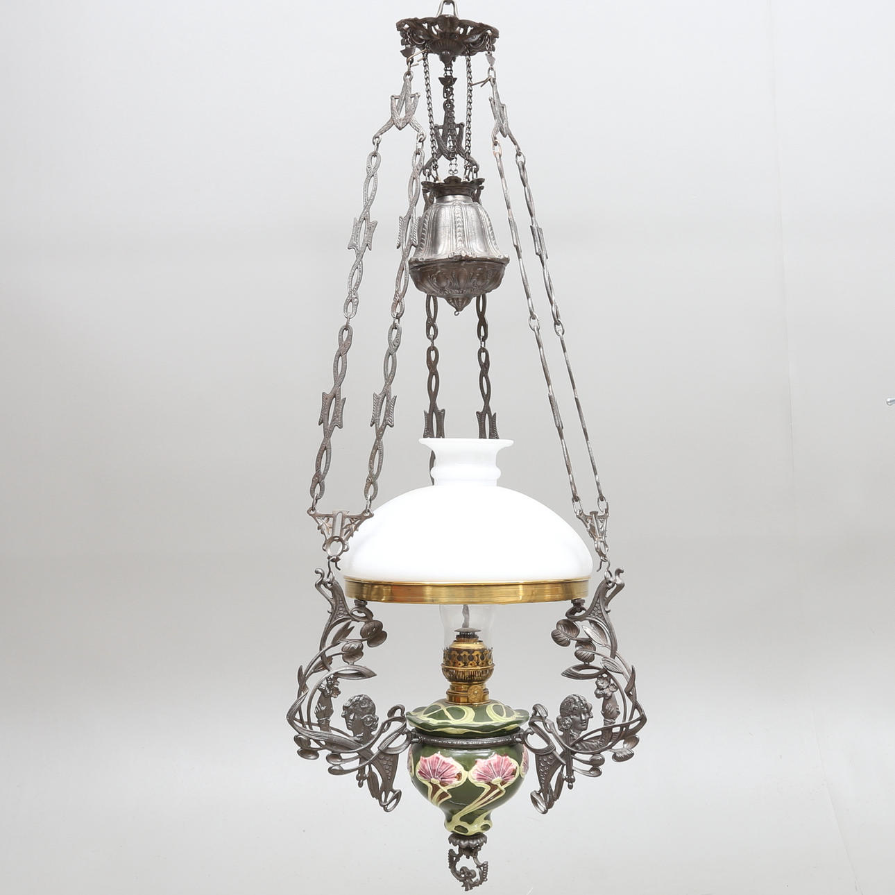 TAKFOTOGENLAMPA, majolika, jugend, 1800/1900-tal.