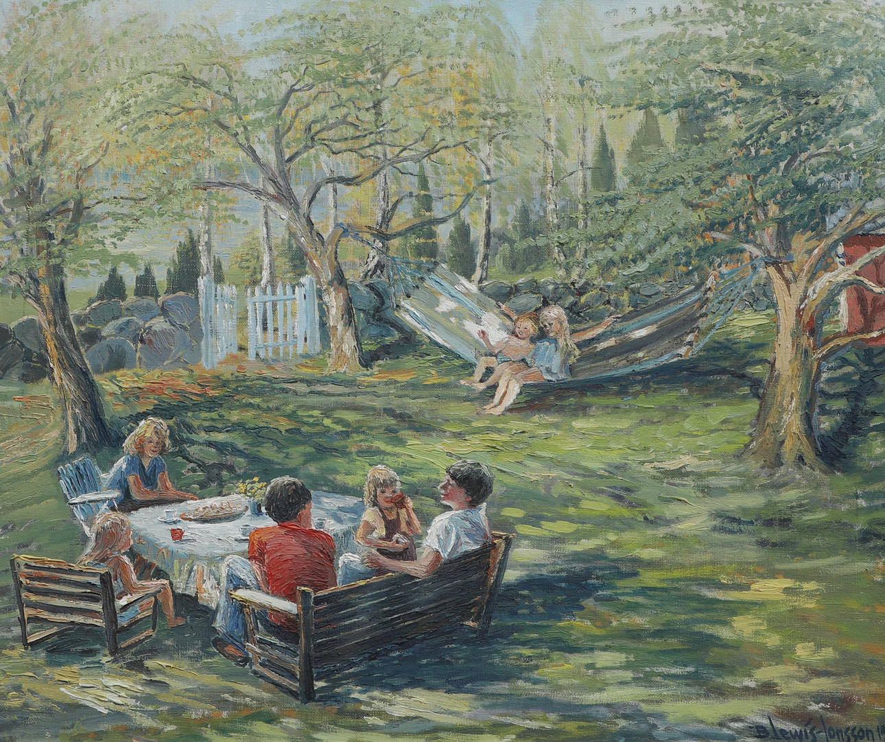 BIRGIT LEWIS-JONSSON. Oil on canvas, summerfika, signed, dated 1982.