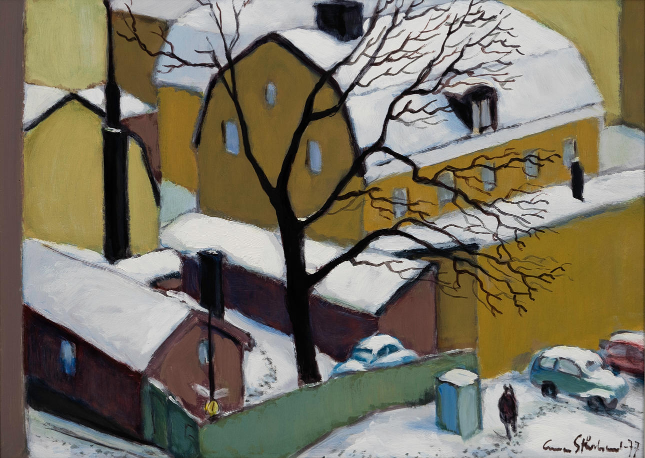 GUNNAR STÅLBRAND. "Svartstensgatan gamla söder", oil on panel, signed, dated -77.