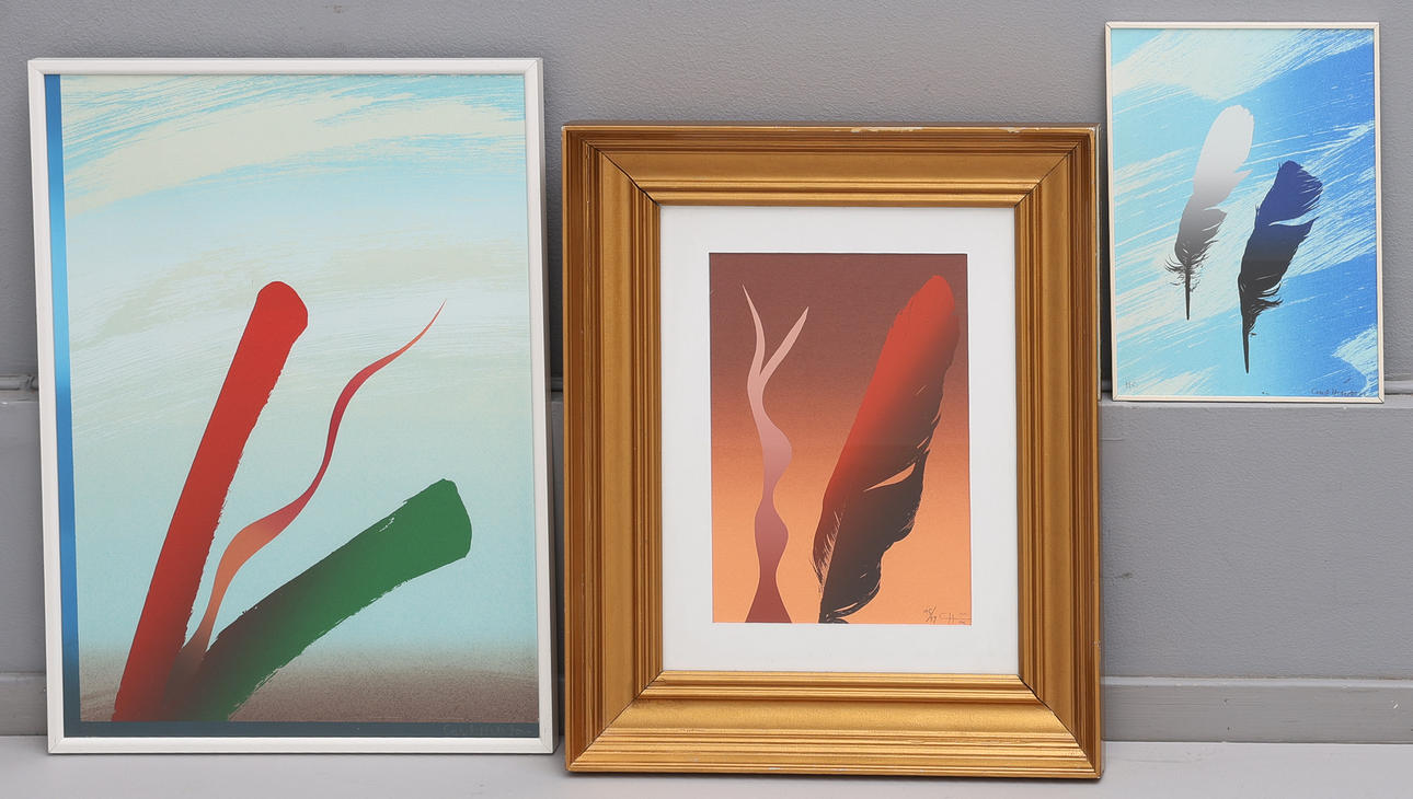 CURT HILLFON. COMPOSITIONS WITH FEATHERS, THREE PIECES.