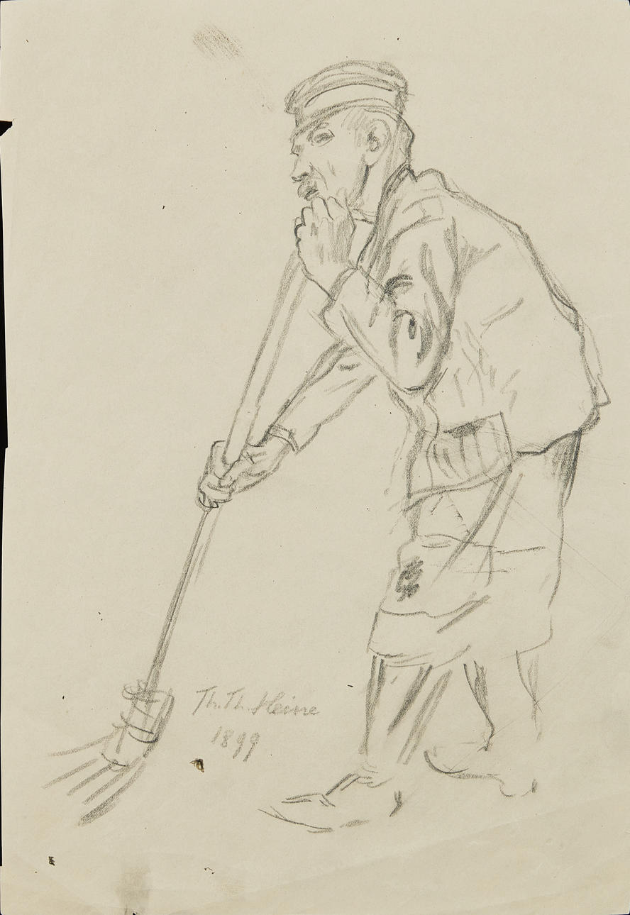 THOMAS THEODOR HEINE. Man with broom, charcoal, signed, dated 1899.