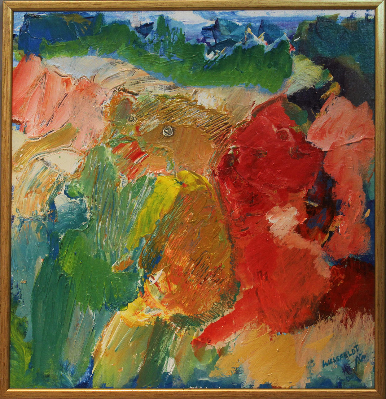 OIDENTIFIERAD KONSTNÄR. Figur i landskap. Olja på duk. Signerad Wessfeldt.