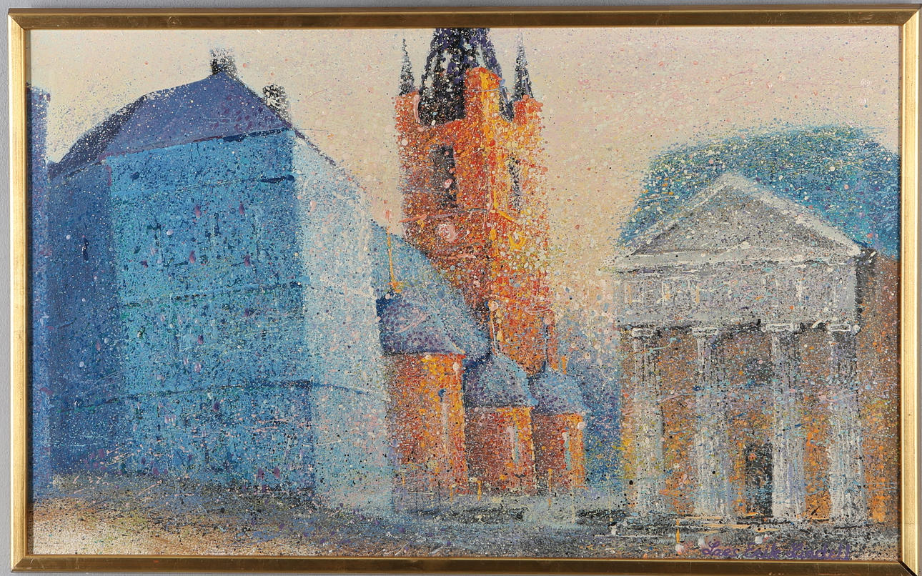 LARS ERIK LINDELL. Stadsmotiv med kyrka, olja på pannå, signerad.