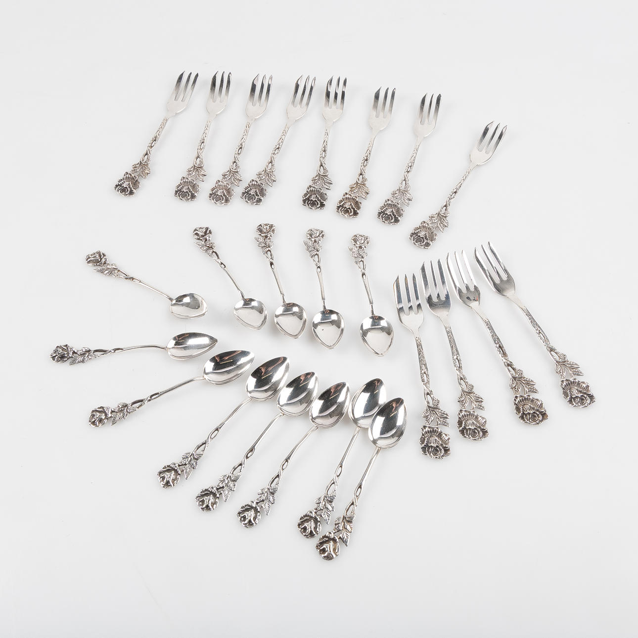 COFFEE SPOONS AND FORKS, 24 pieces, silver, GEWE.