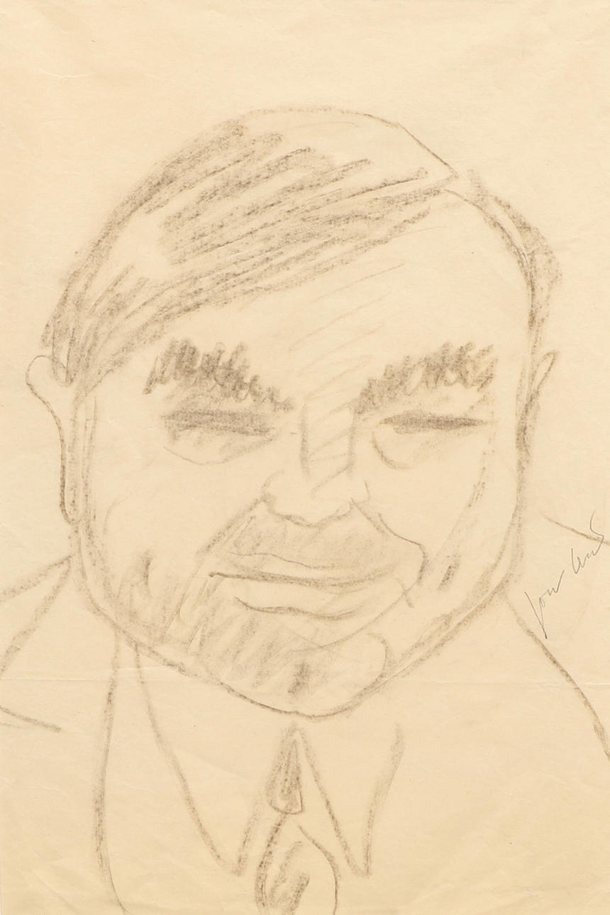 JOHN JON-AND. Drawing, pencil, caricature, signed.