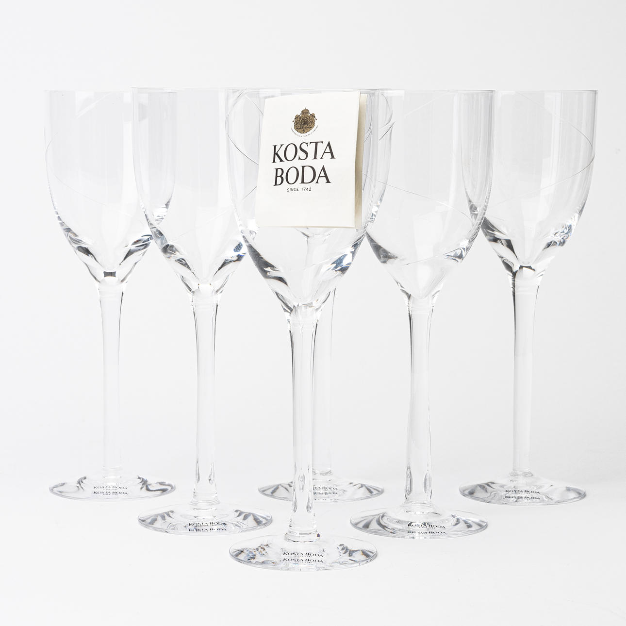 VINGLAS, 6 st, modell "Line", Anna Ehrner, Orrefors, 1900-tal.