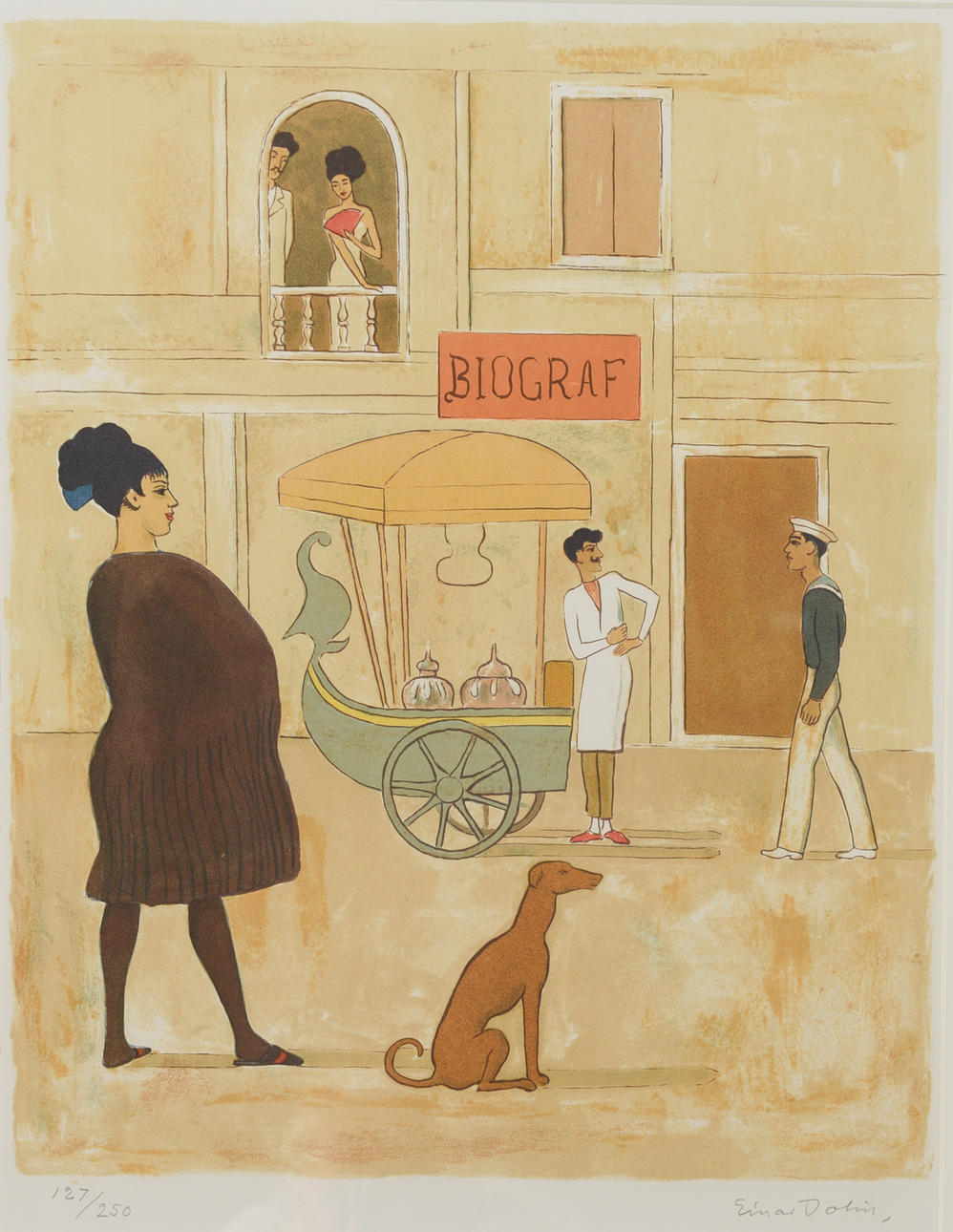 EINAR JOLIN. Street scene with cinema, colour lithograph, signed and numbered.