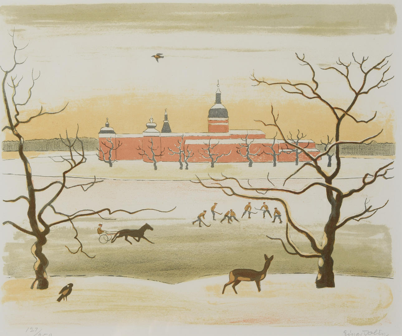 EINAR JOLIN. Gripsholm Slott in winter setting, colour lithograph, signed and numbered.