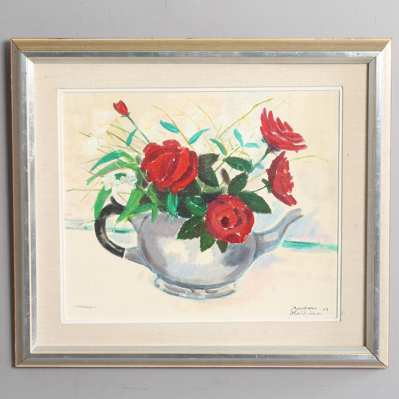 ANDERS HELLSTEN. Oil on panel, still life with red & white flowers, signed & dated -77.