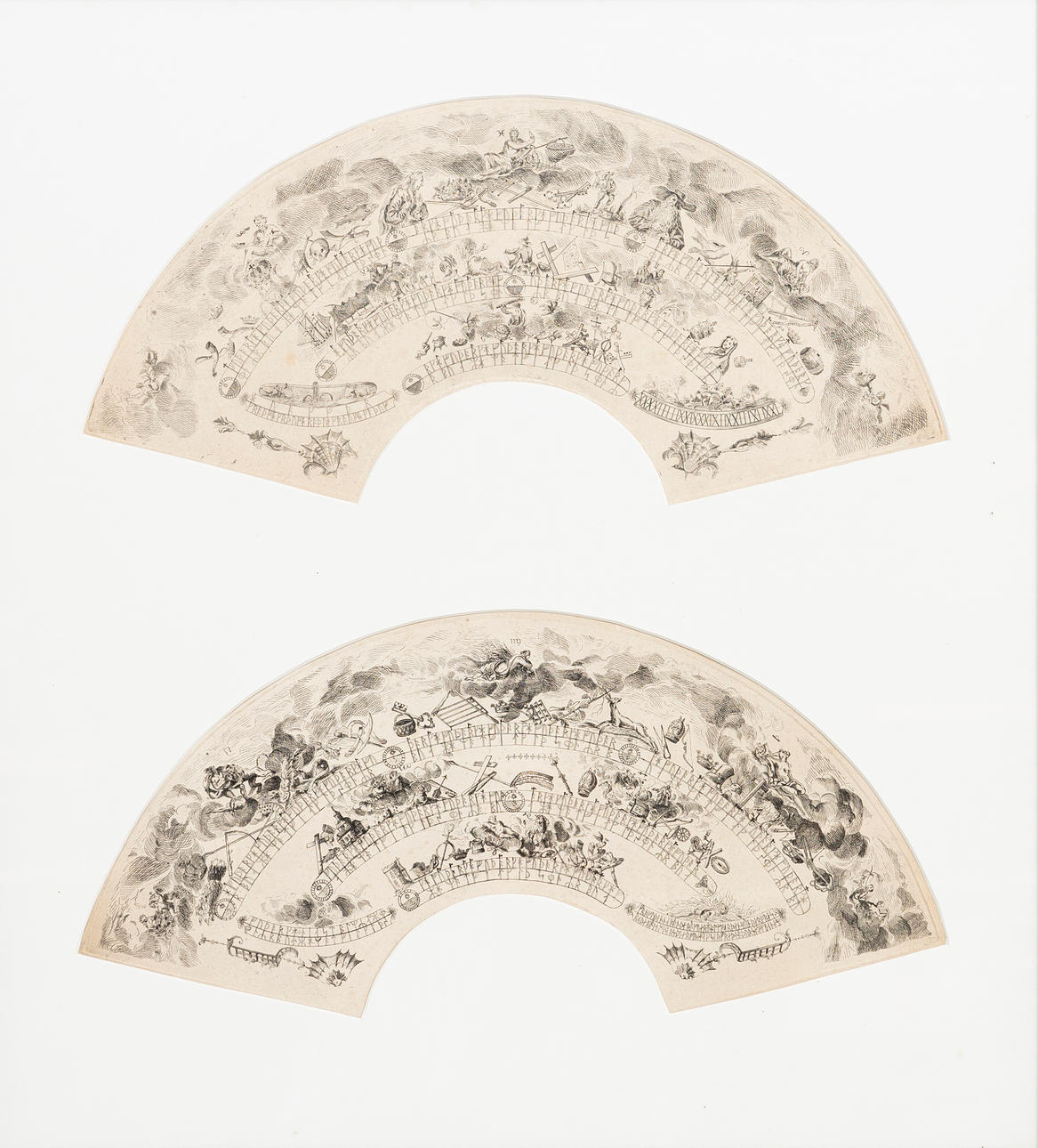 TWO ENGRAVINGS, FAN-SHAPED, MYTHOLOGICAL MOTIFS, COMMON FRAME.