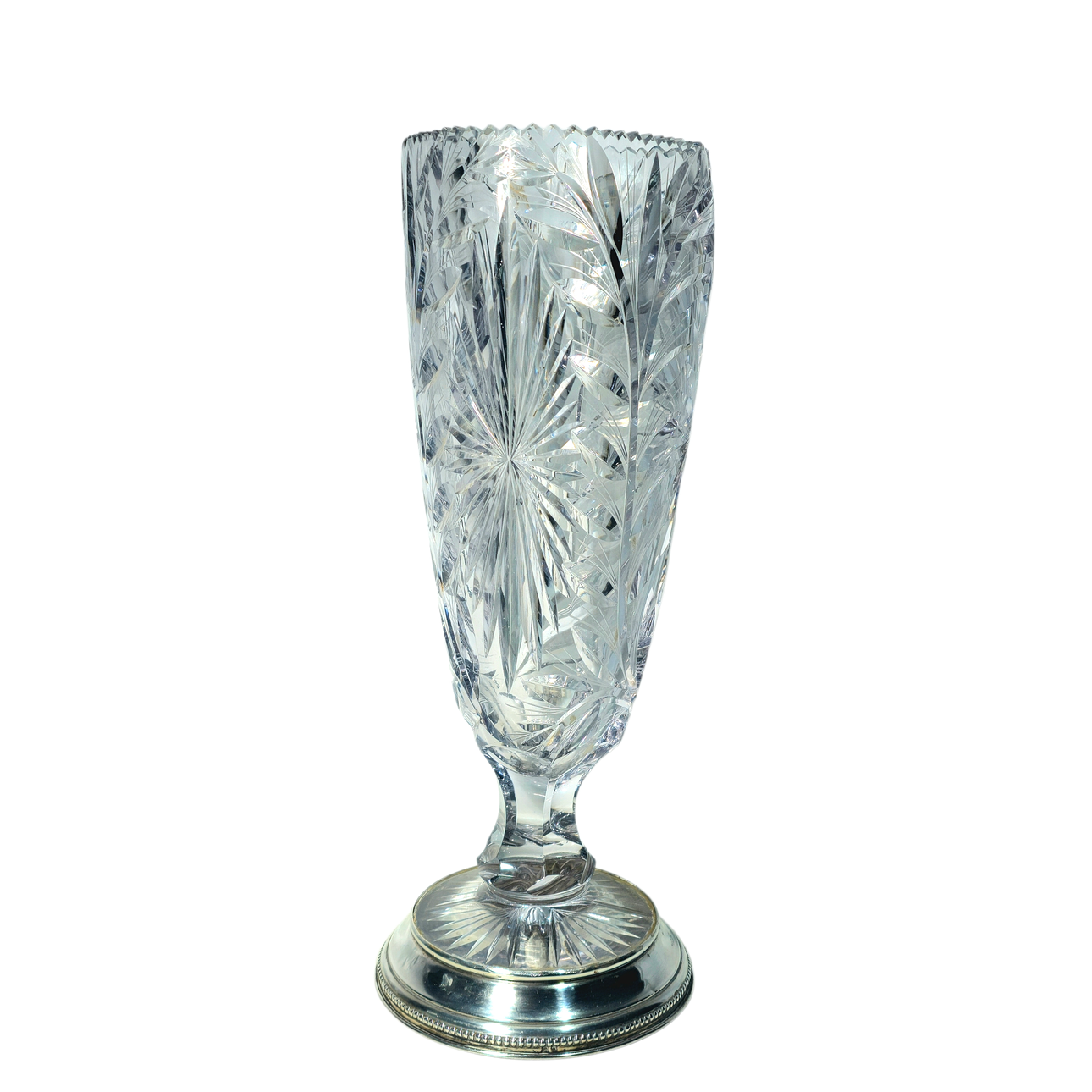 Large cut crystal vase with hallmarked silver base.