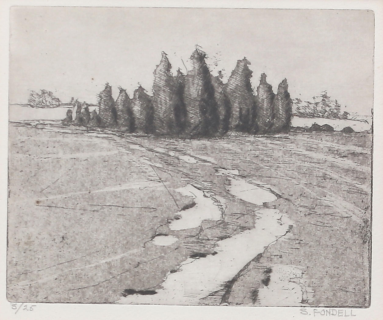 SUNE FONDELL. Landscape with junipers. Etching, signed and numbered 3/25.