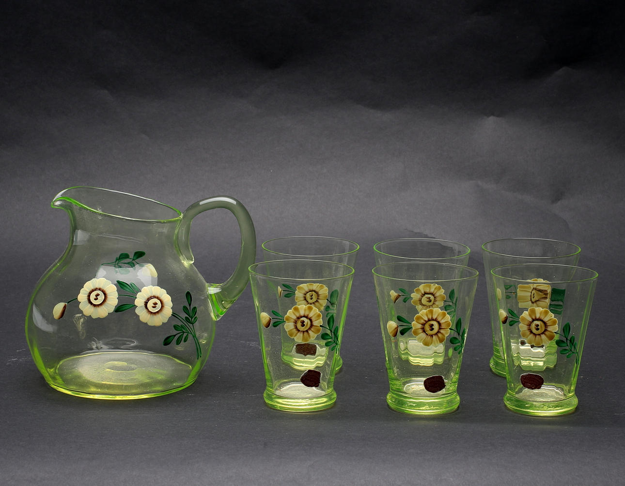 GLASSERVIS, 6+1 delar, Johansfors, handmålad dekor, 1900-talets mitt.