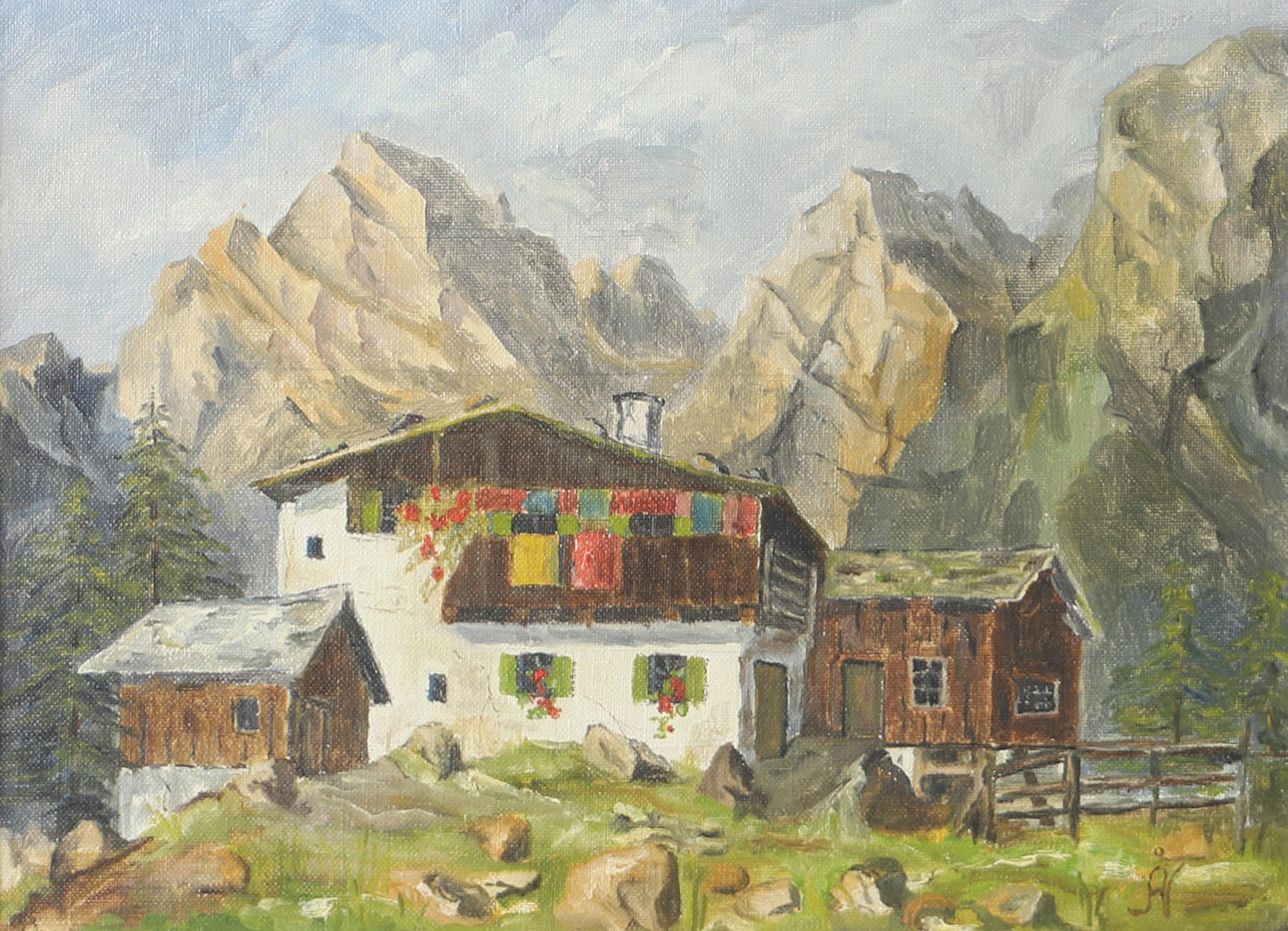 OIDENTIFIERAD KONSTNÄR. Alpine landscape, oil on canvas, indistinctly signed.