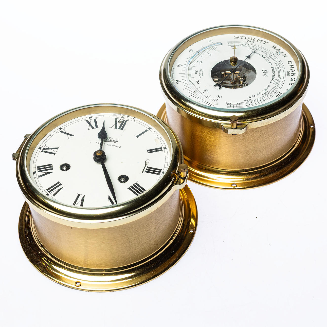 A Schatz, barometer and ship clock, brass, Germany.