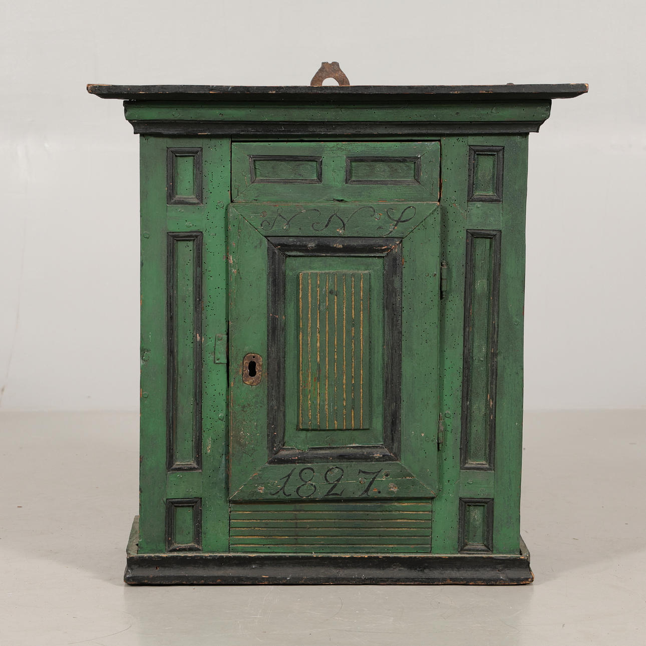WALL CABINET, painted wood, dated 1827.