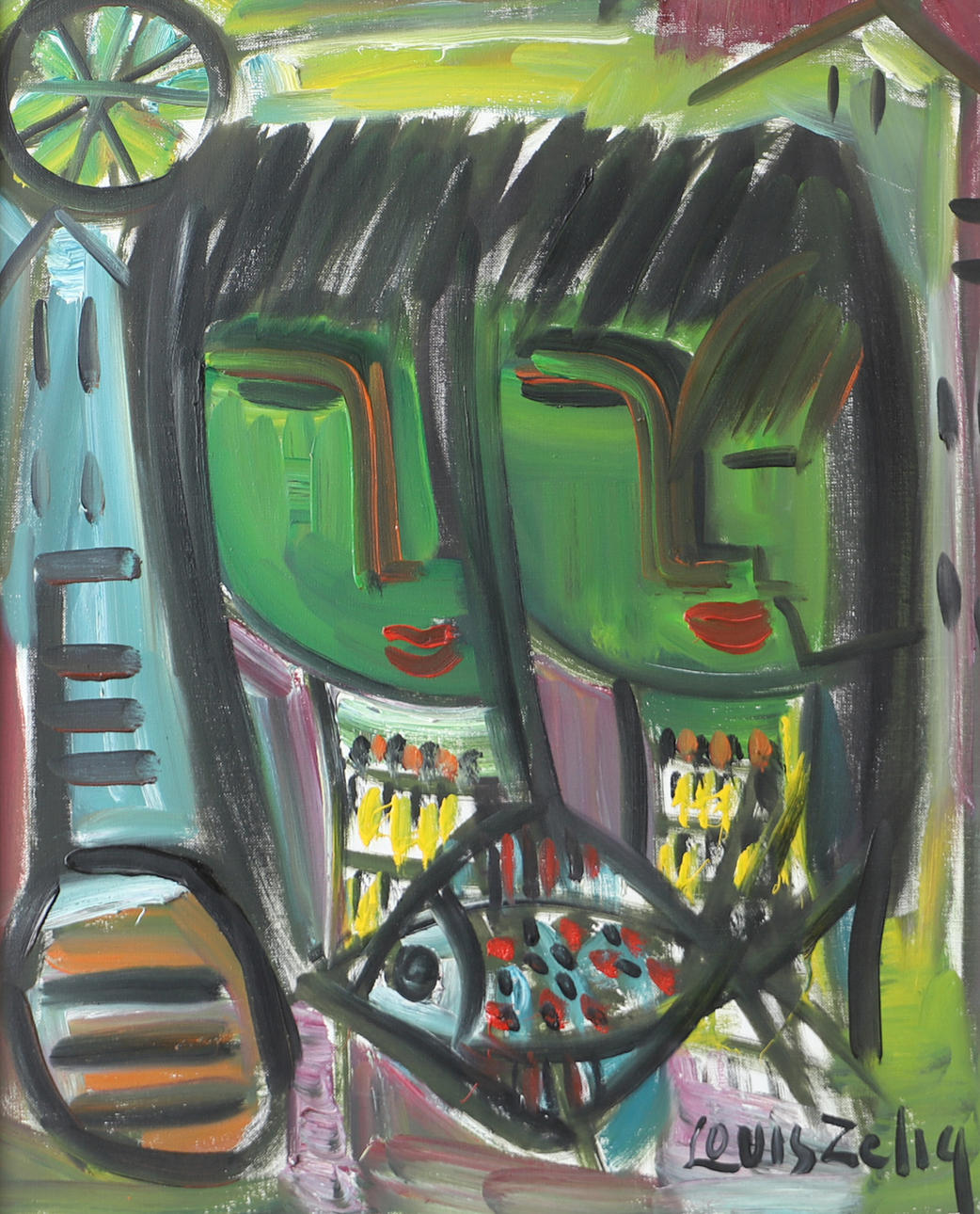 LOUIS ZELIG. Composition with faces and fish, oil on canvas, signed.