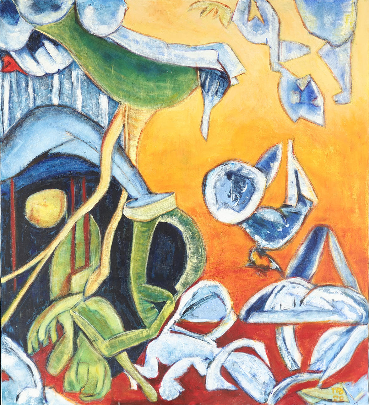 UBEKENDT KUNSTNER. Composition with figures, oil on canvas, signed.