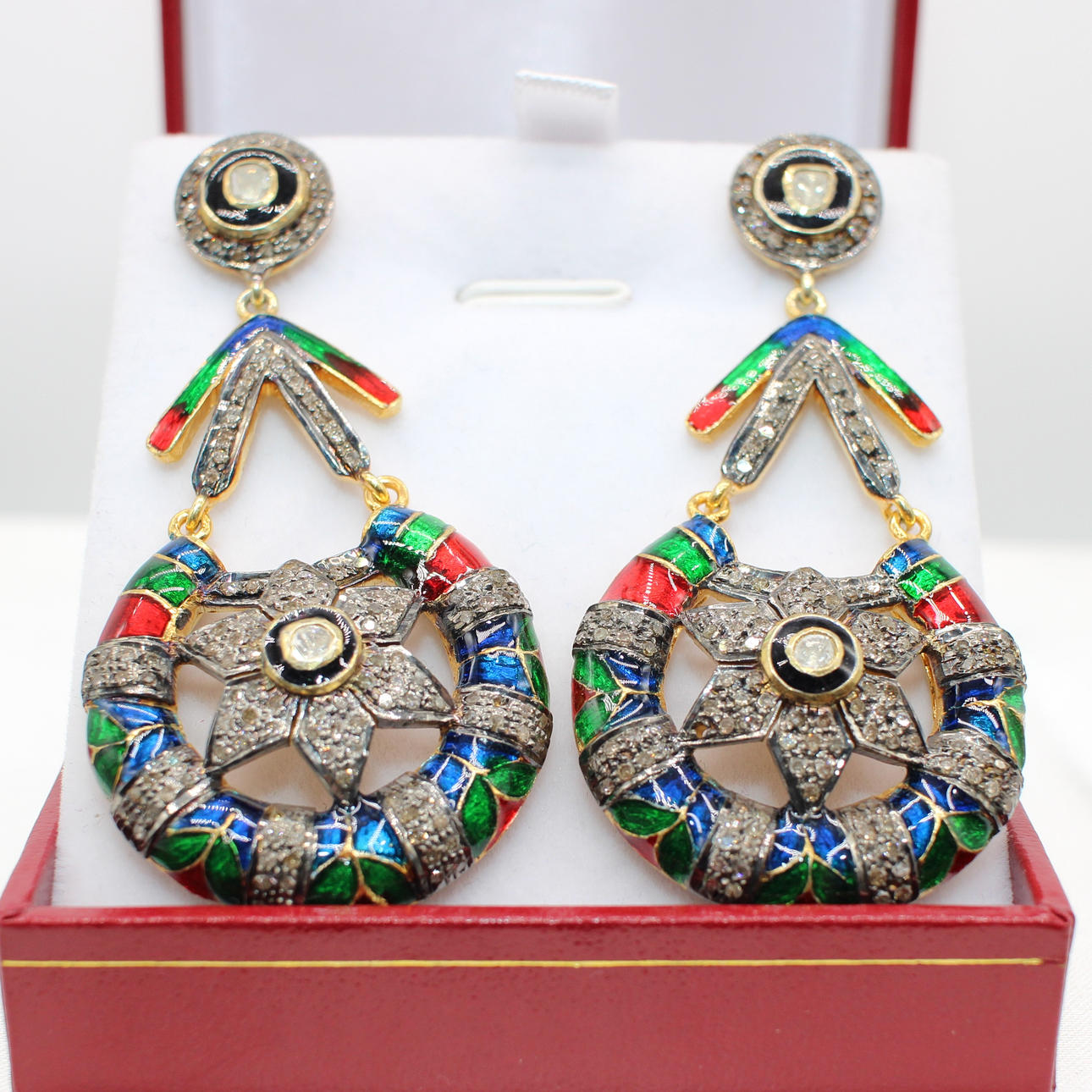 LARGE DIAMOND & EMAMEL DROP EARRINGS.