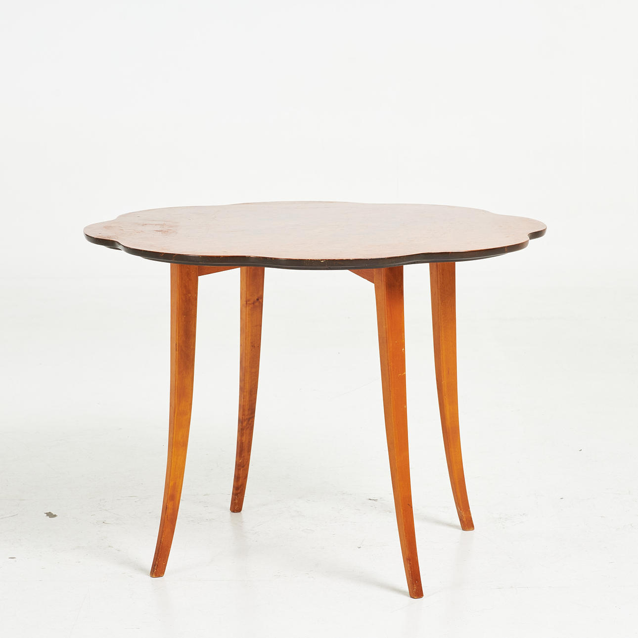 A table, circa 1940's, dressed birch with root veneer top.