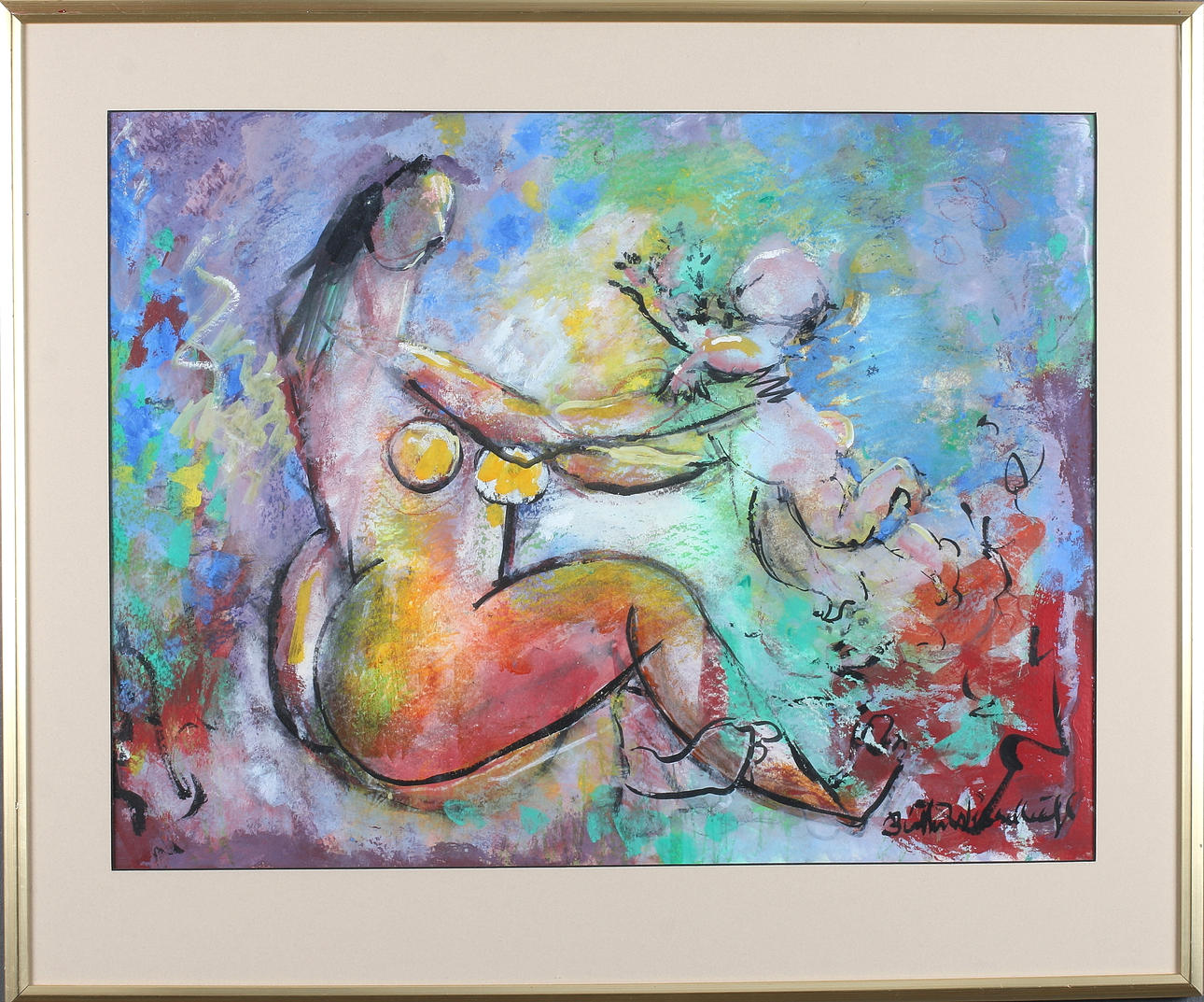 BIRTHE WESSELHÖFT. "Mor och barn", blandteknik, signerad.