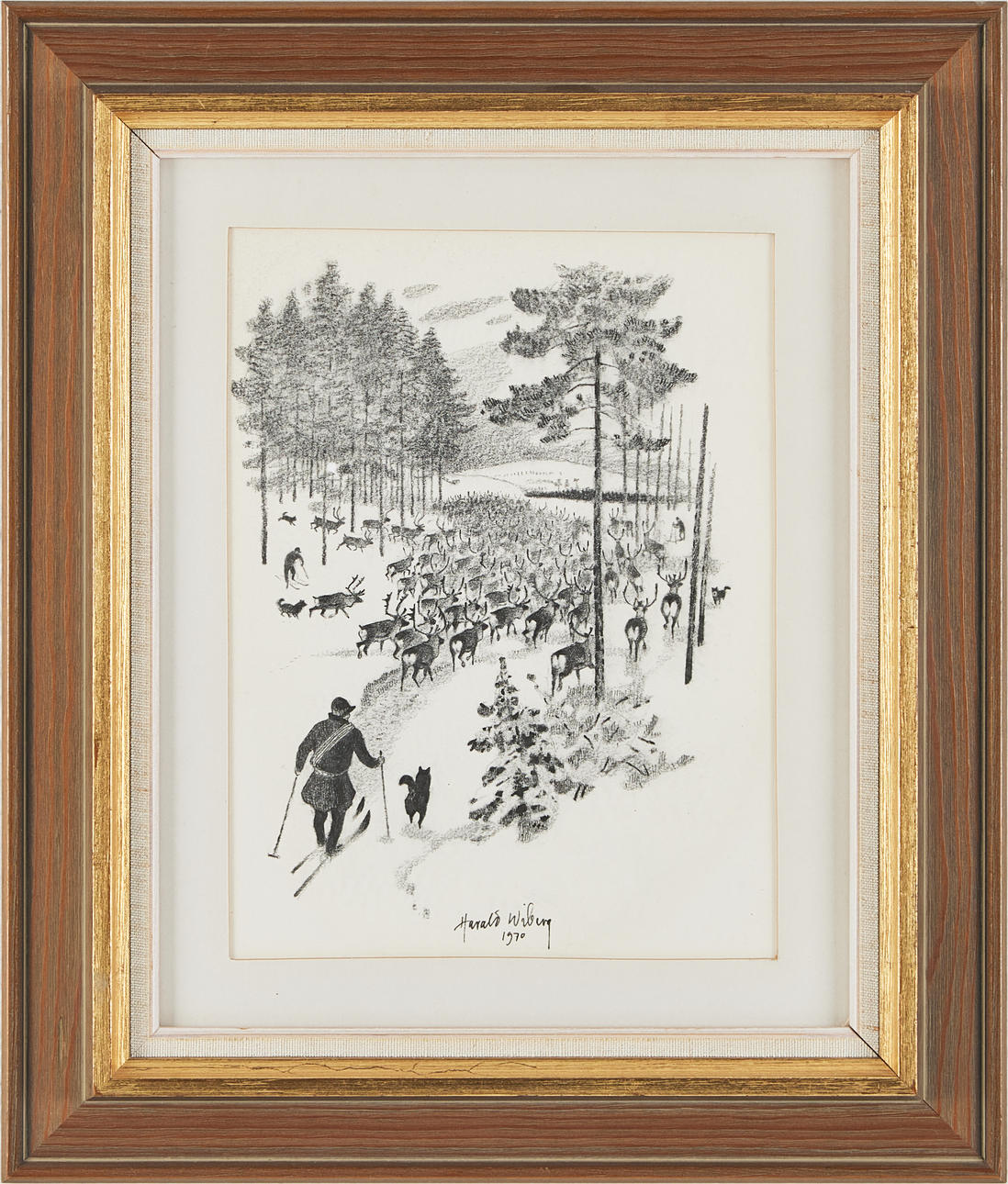 HARALD WIBERG. Reindeer herd, drawing, signed, dated 1979.