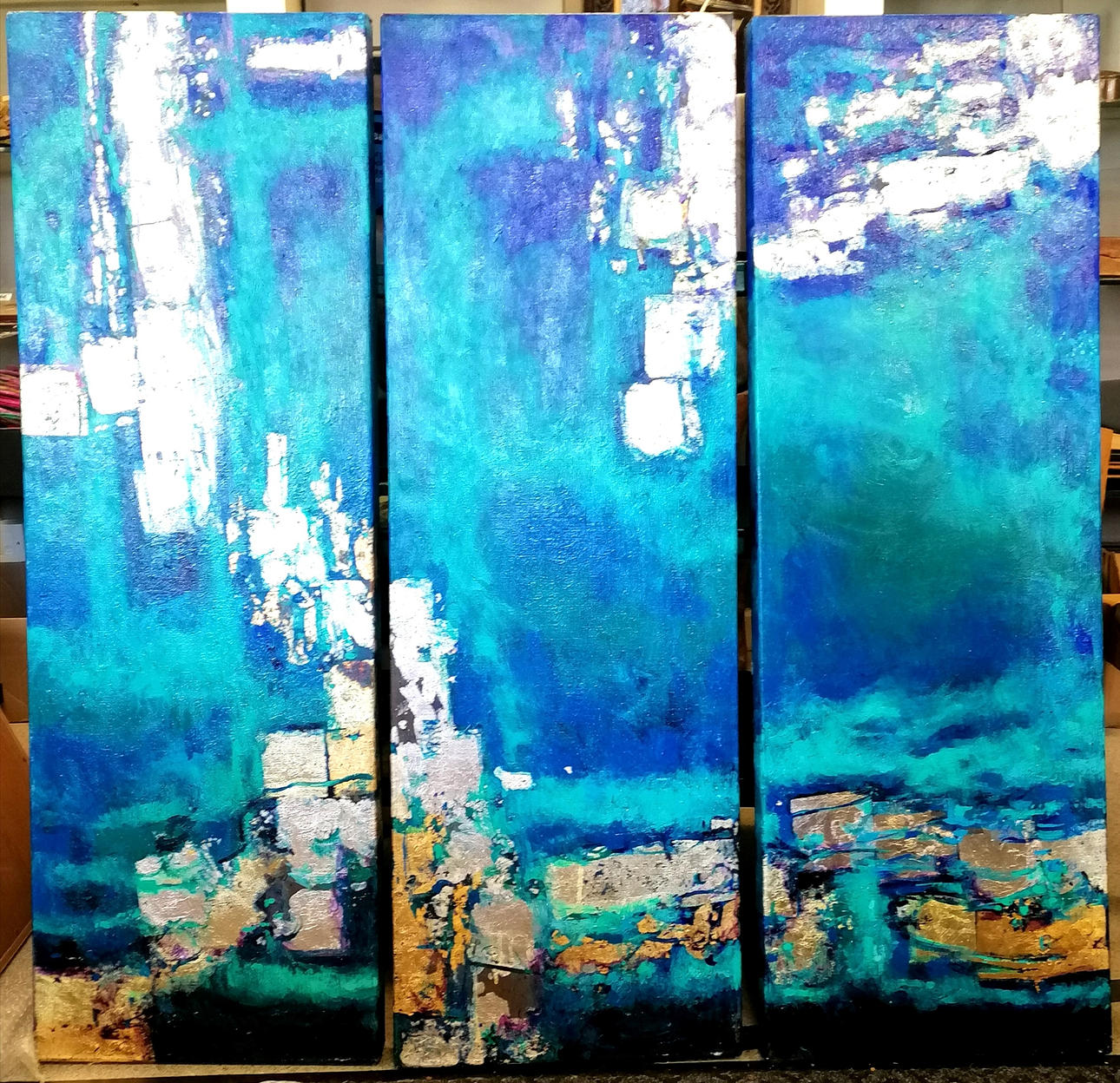 LARGE CONTEMPORARY TRIPTYCH PANEL OIL PAINTING.