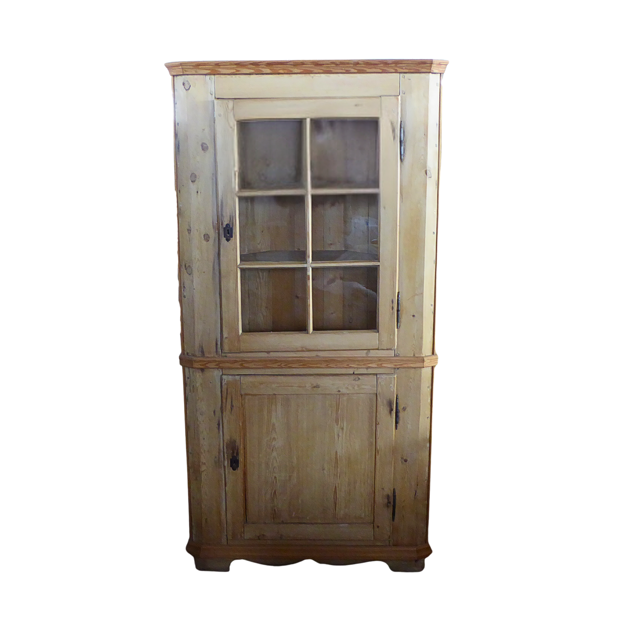 ANTIQUE SOFTWOOD CORNER CABINET, TWO PIECES.