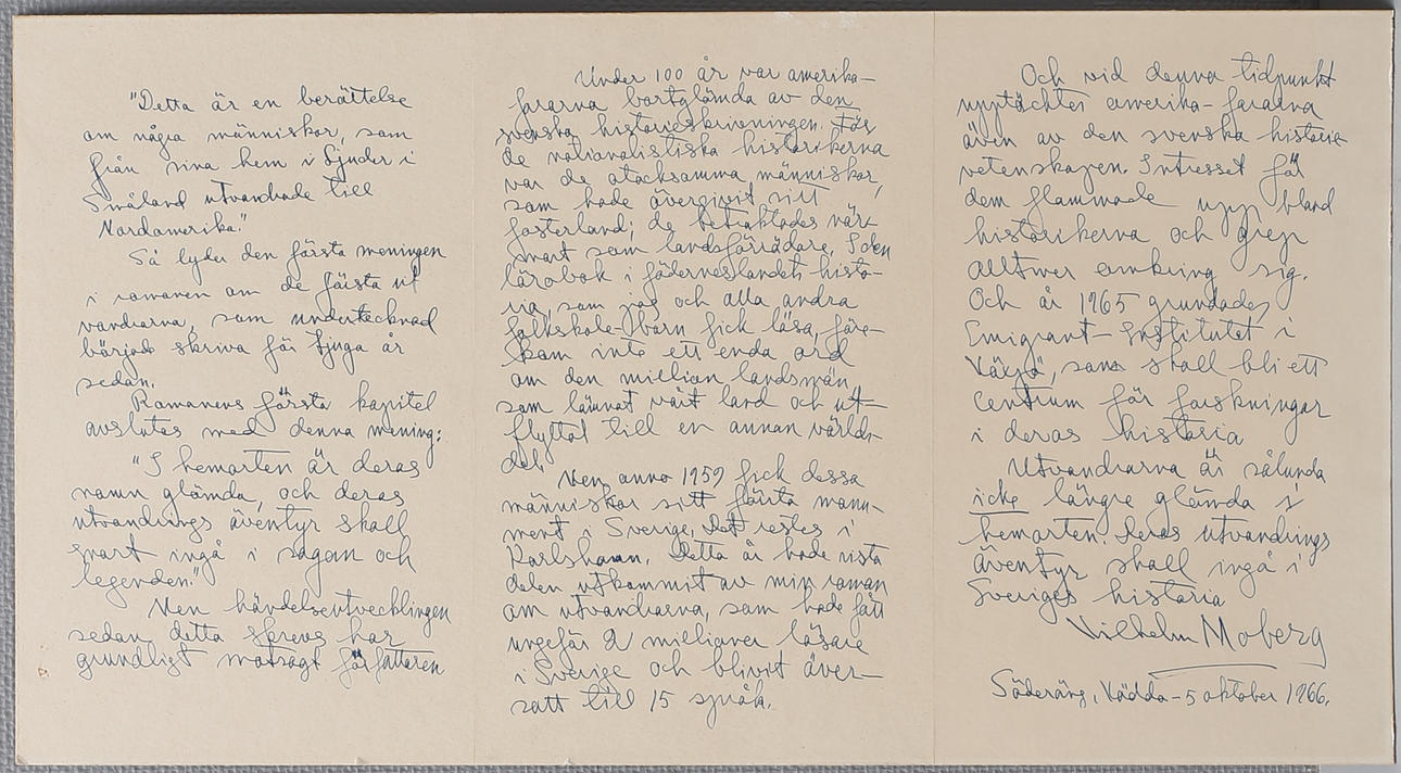 VILHELM MOBERG, egenhändigt nedtecknad historia, signerad och daterad Söderäng, Väddö, 5 oktober 1966.