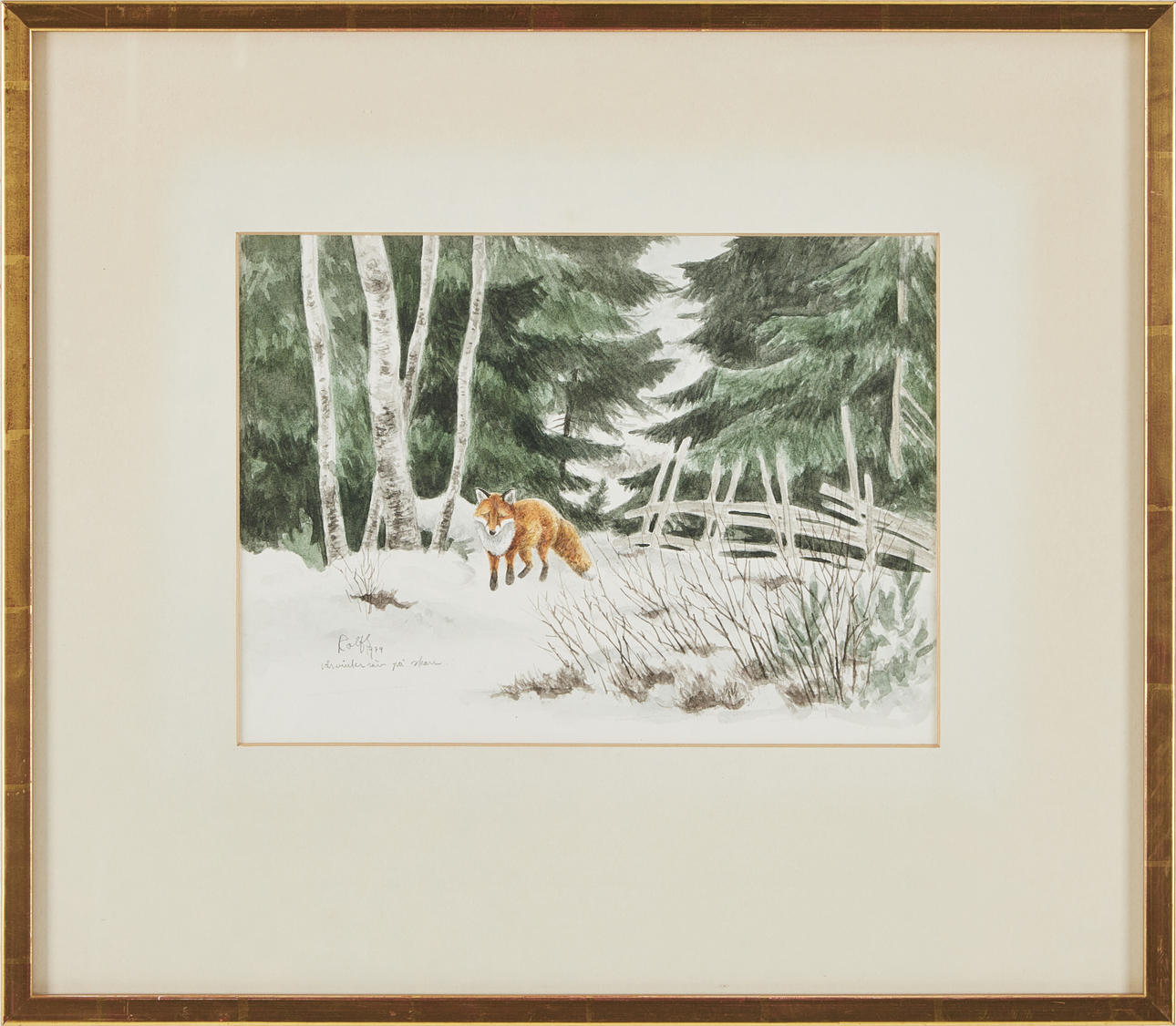HARALD WIBERG. Spring winter fox on skare, watercolor on paper, signed ...
