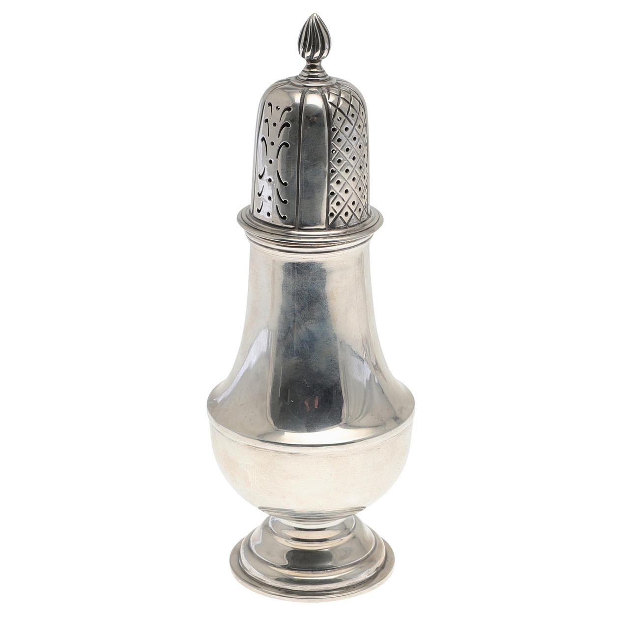 A GEORGE V SILVER SUGAR CASTER.