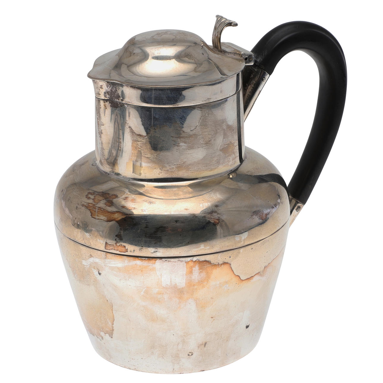 A GEORGE V SILVER LIDDED HOT WATER POT.