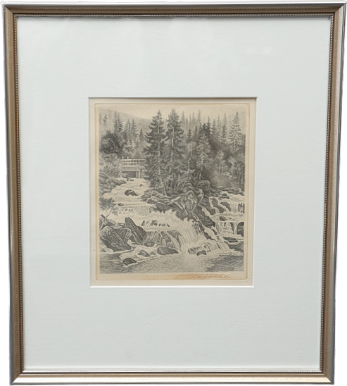 STIG BORGLIND. Forest picture with watercourse, signed.