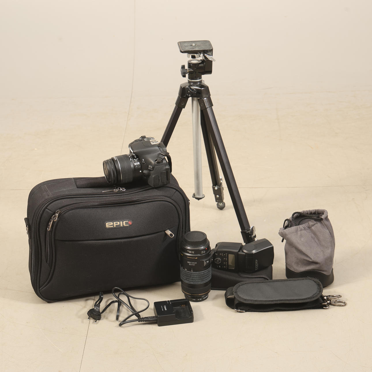 CAMERA EQUIPMENT, Canon EOS 600D, two lenses, tripod and bag.