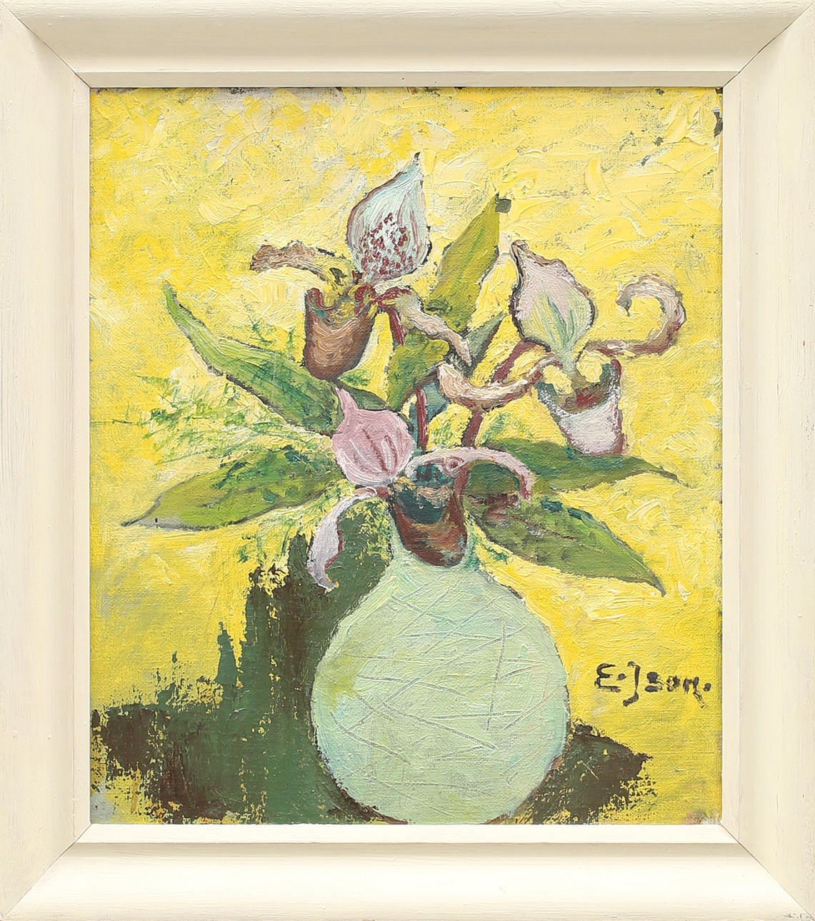 EVA HOLMBERG JACOBSSON. Stilleben, olja på pannå, signerad E J-son.