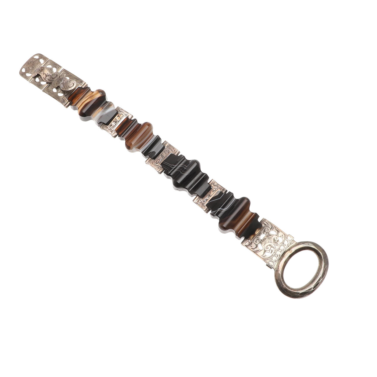 A VICTORIAN BANDED AGATE AND SILVER BRACELET.