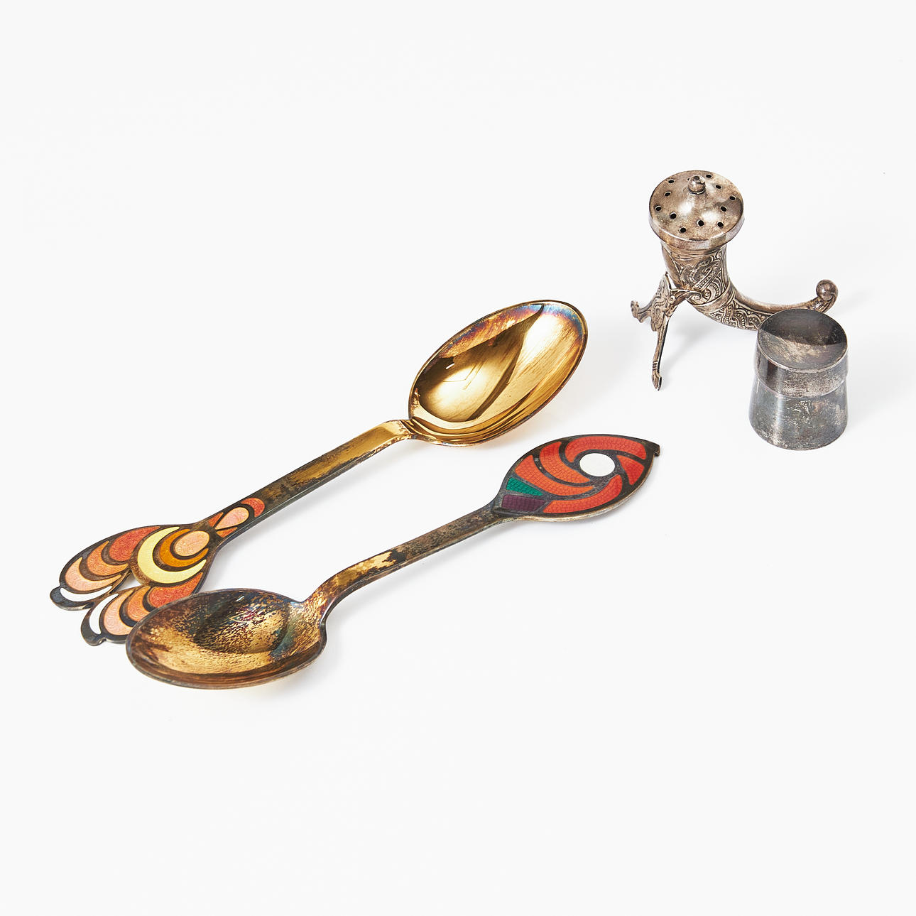 CHRISTMAS SPOONS, 2 pcs., SALT SPRINKLER, BOX, silver.