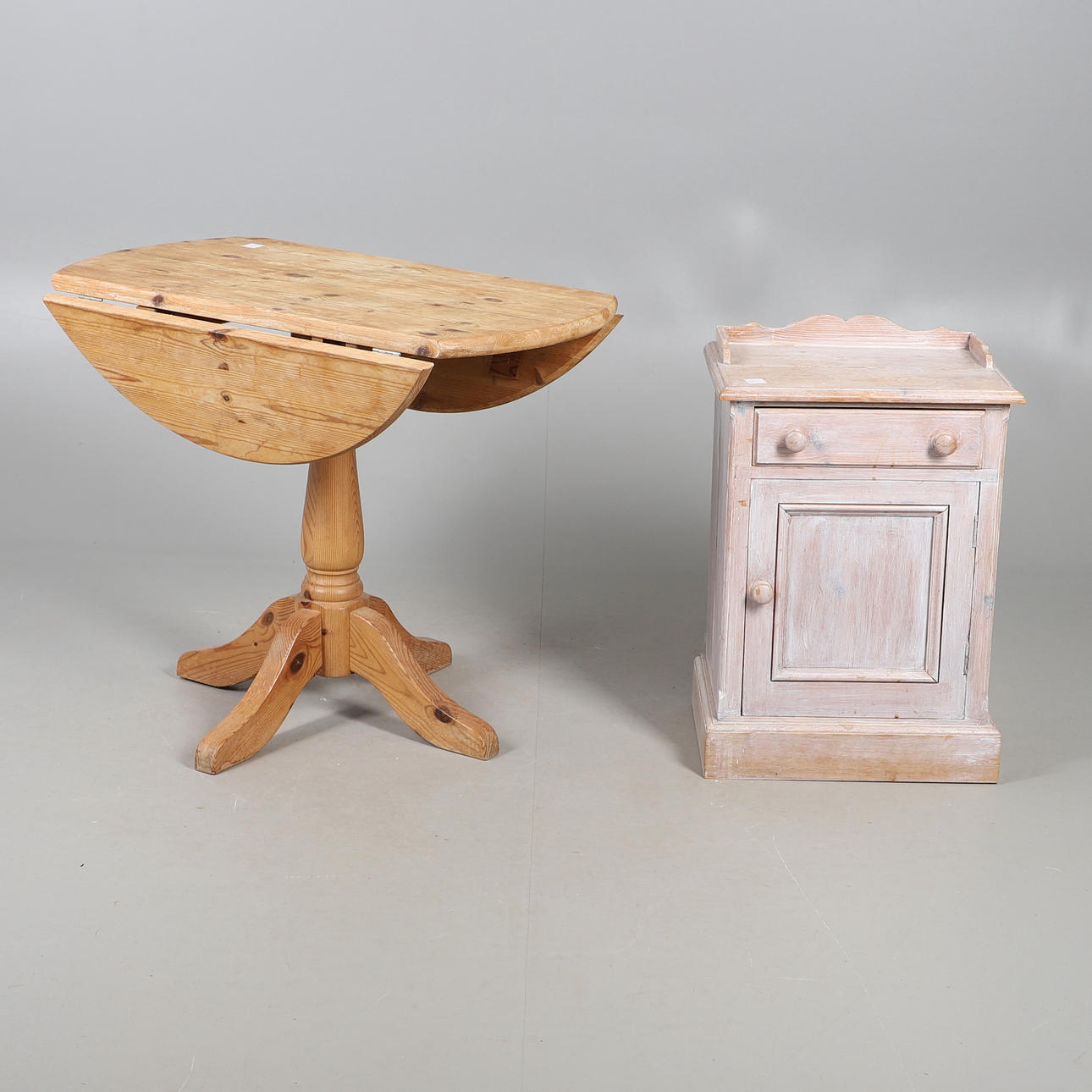 PINE DROP FLAP DINING TABLE & PAINTED CUPBOARD.