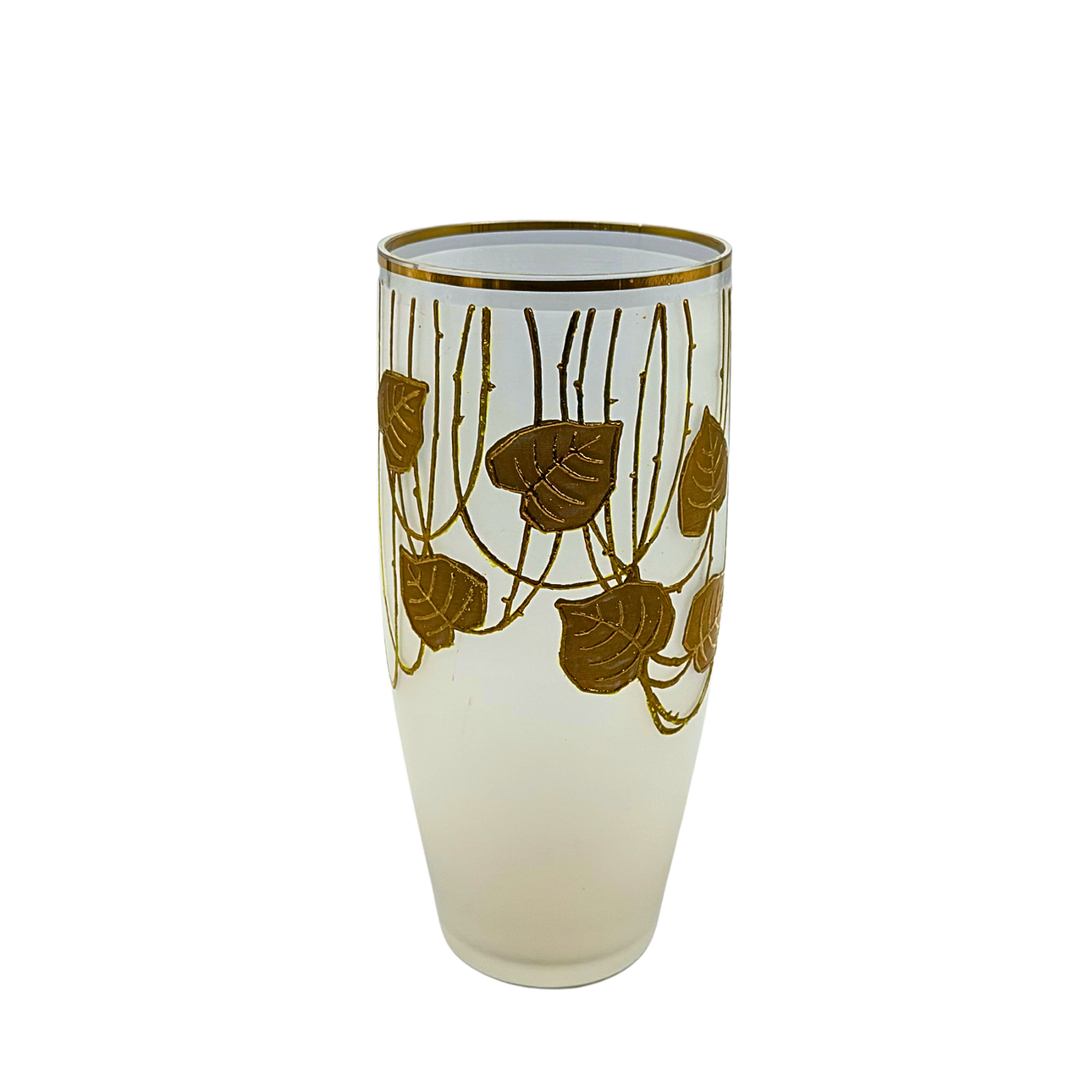 MATTE GLASS VASE WITH GOLD-COLORED LEAF ORNAMENTS.