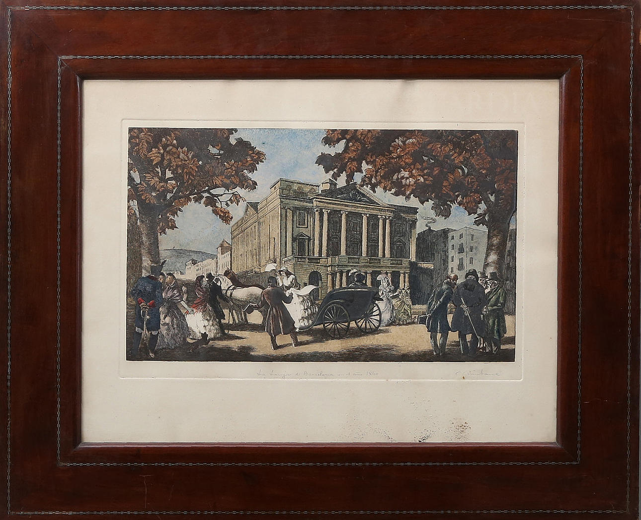 Två elisabetanska ramar i mahogny med ”kedja” inramning ”” La Lonja de Barcelona de 1840" och ”El Puerto de Barcelona de 1840".