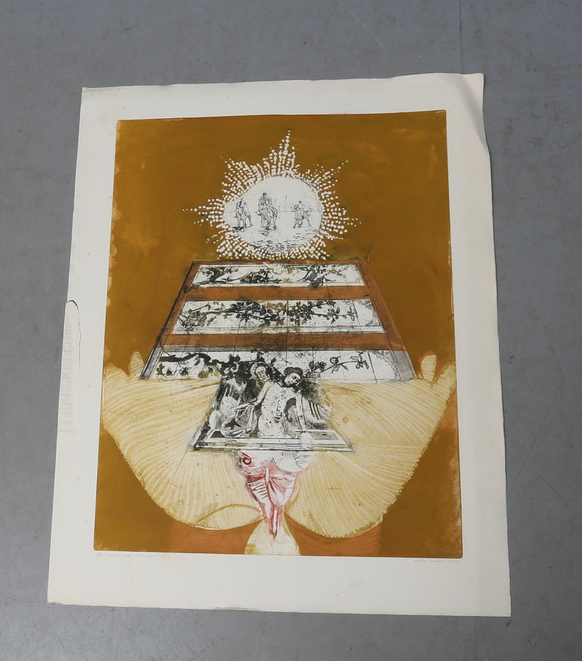 ENDRE NEMES. Färglitografi, "kapplöpningen och återuppståndelsen", signerad, numrerad 4/7 och daterad 1968.