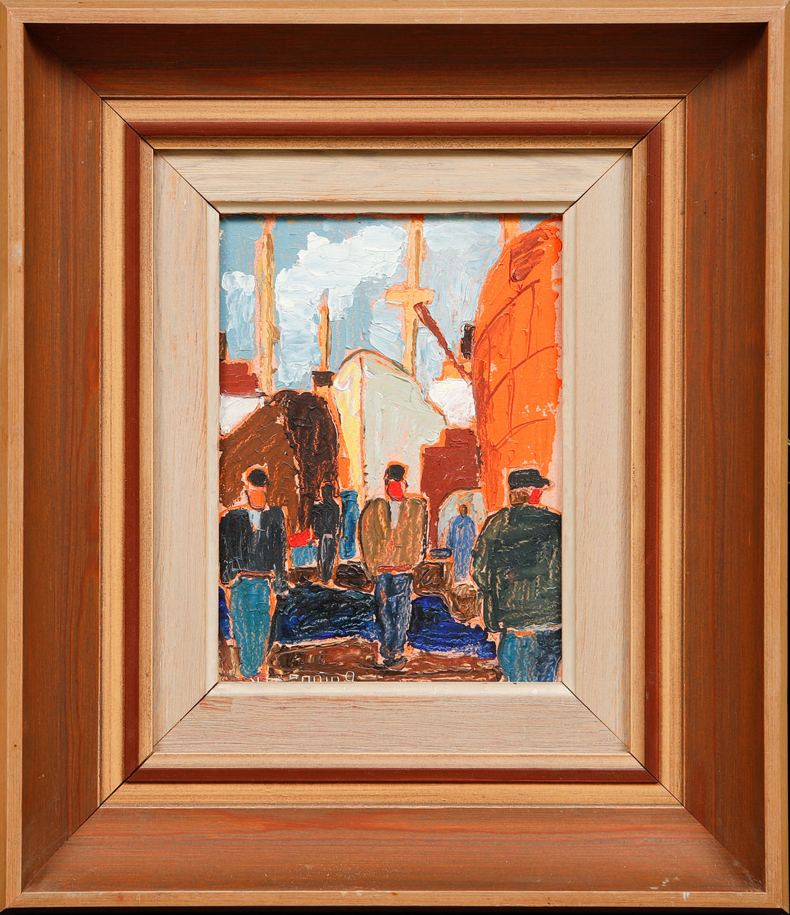 WILHELM HENNING. Cityscape with figures, oil on panel, signed.