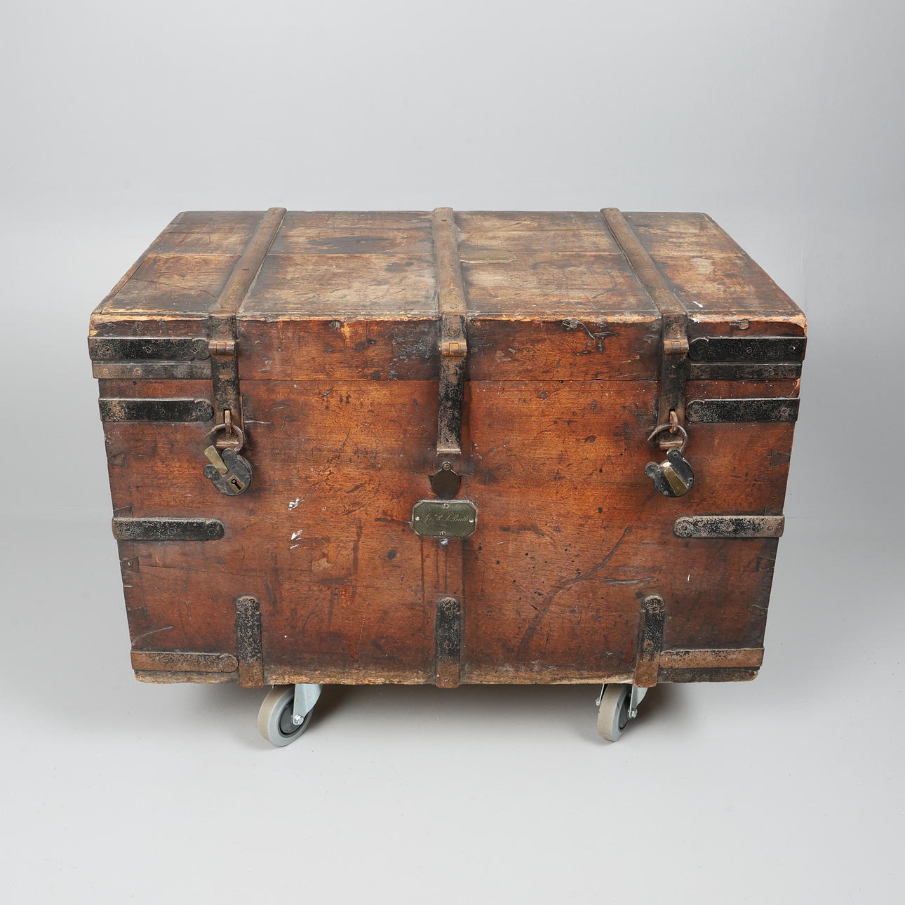 EARLY VICTORIAN IRON BOUND SILVER CHEST.