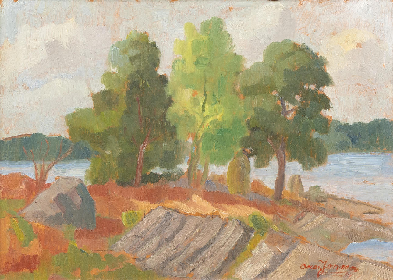 OSKAR JONSSON. “Trees on the cape”, oil on panel, signed.