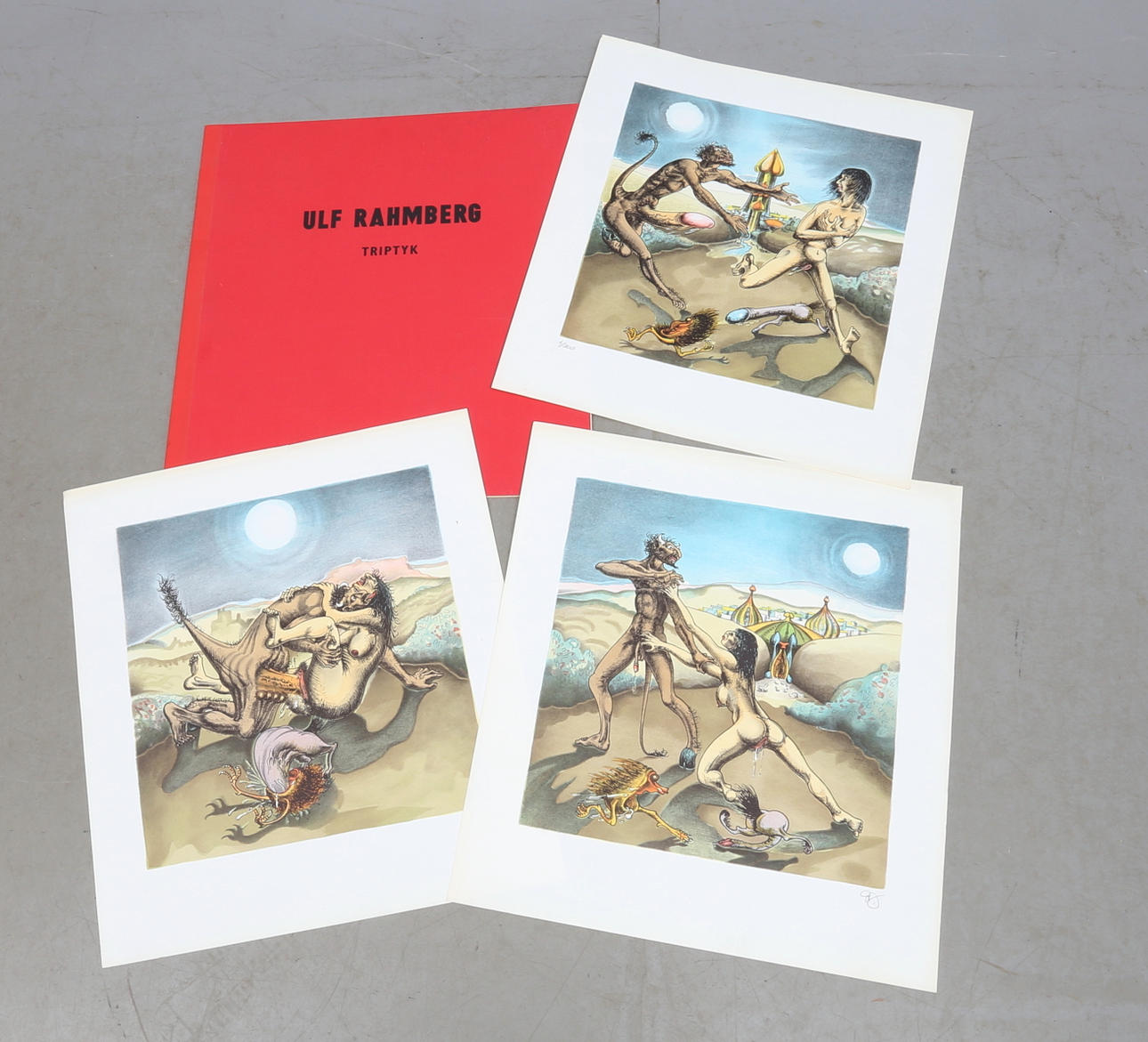 ULF RAHMBERG. Färglitografi, triptyk, erotiska motiv.