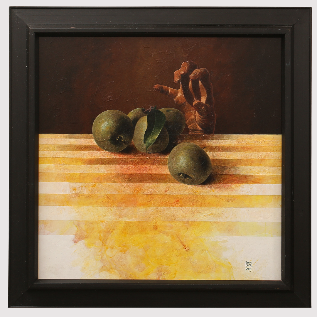 SVEN BERTIL BERG. Oil on panel, composition with hand and apples, signed.